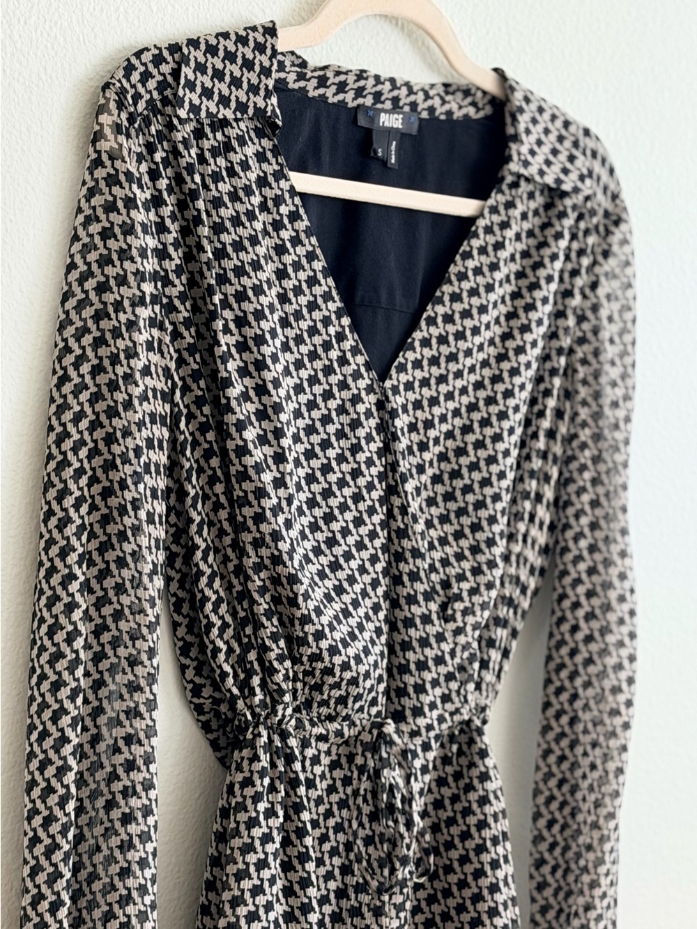PAIGE Lizabeta Long Sleeve Silk Minidress Black/Beige Houndstooth (S) WORN 2X!
